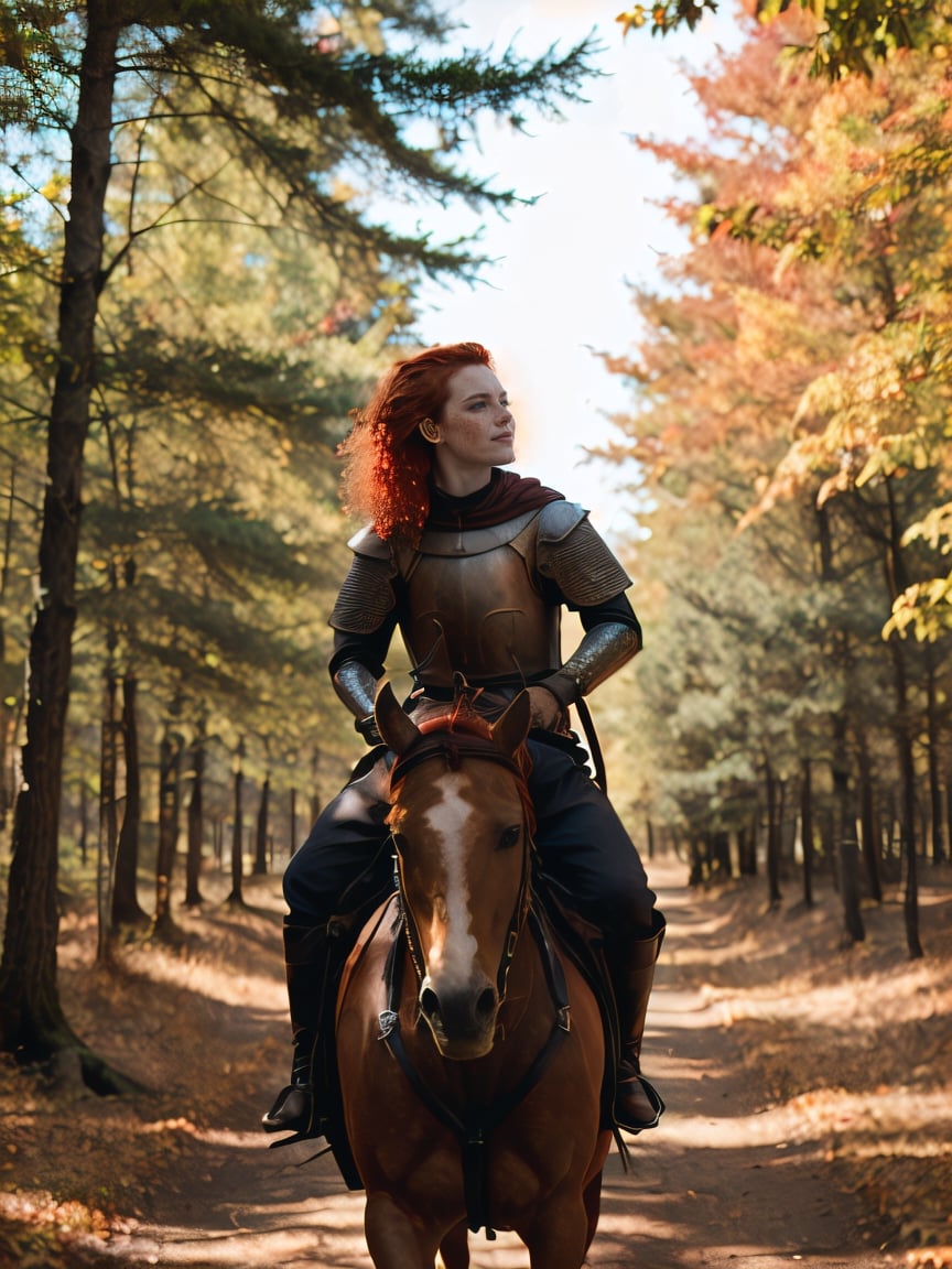 Bright, ultra red-haired, with freckles. The sun, the autumn forest, fantastic beauty. riding a red horse. Curls. Ultra-detailed medieval clothing
