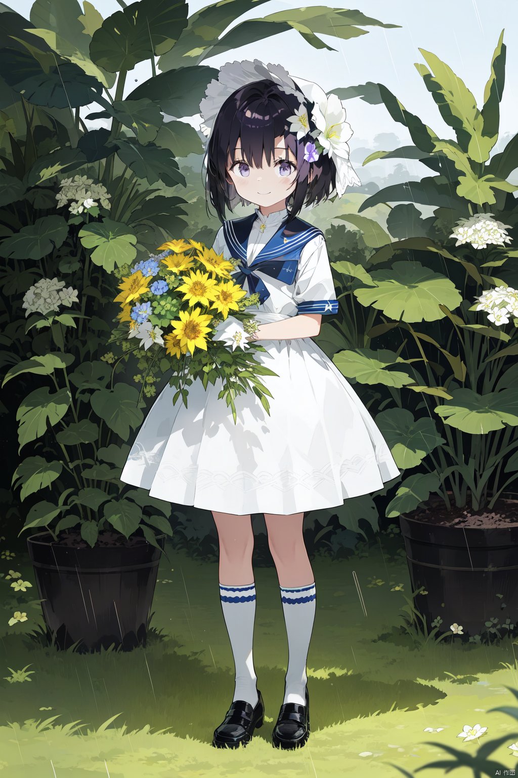 1girl,  black_hair,  blue_flower by 叫我浅笑大人就好了 on Tensor.Art