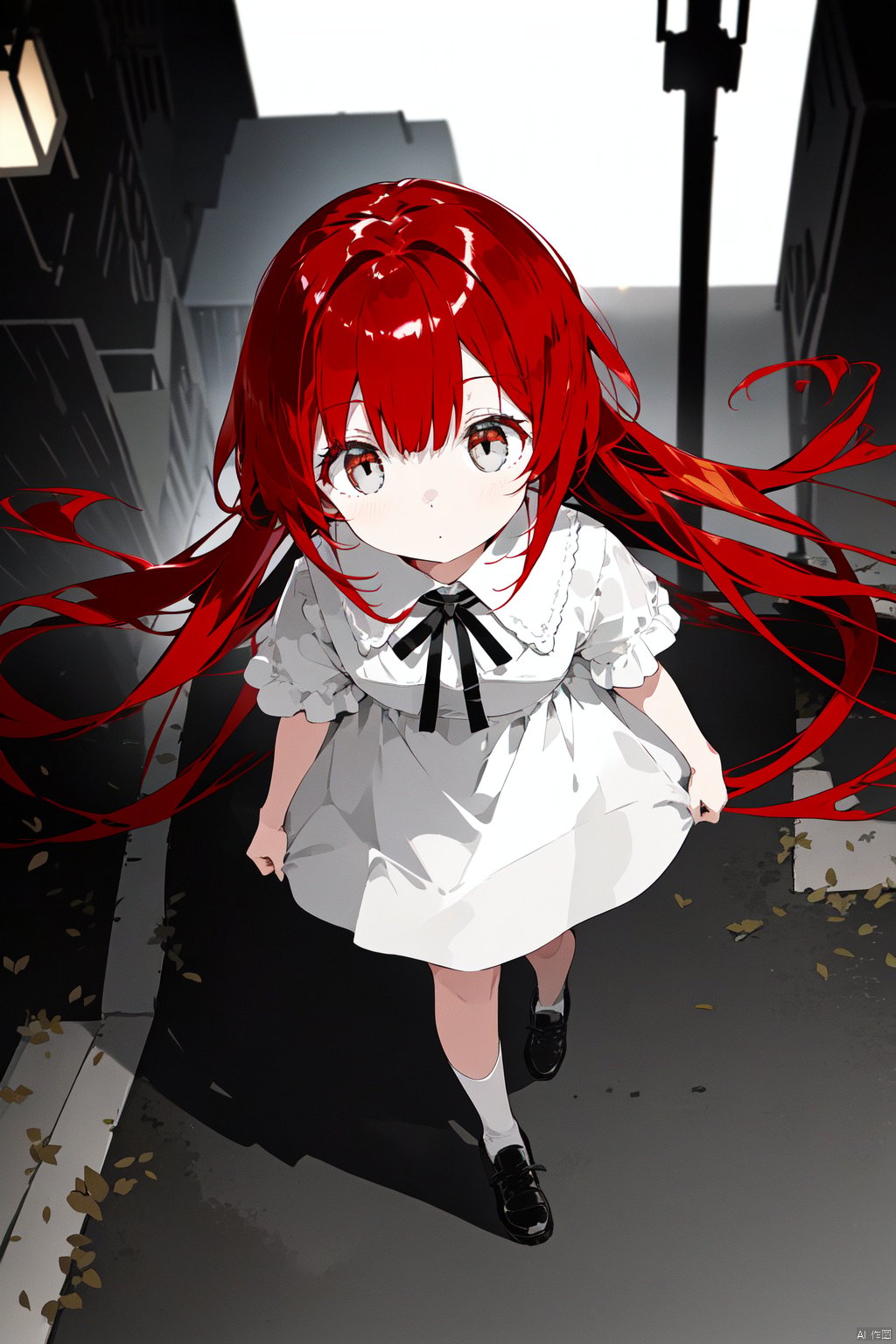 A petite,  young girl with long red hair and a white dress walks on the gray street under the glow of the street lamps. As...