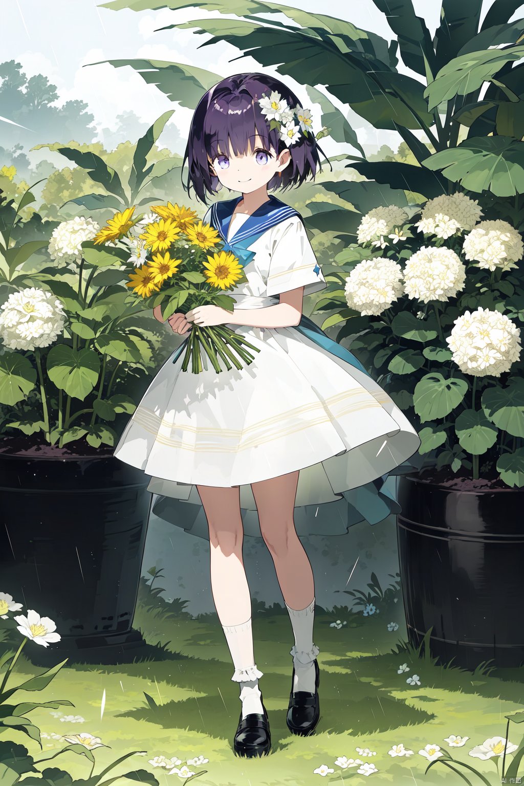 1girl,  black_hair,  blue_flower by 叫我浅笑大人就好了 on Tensor.Art