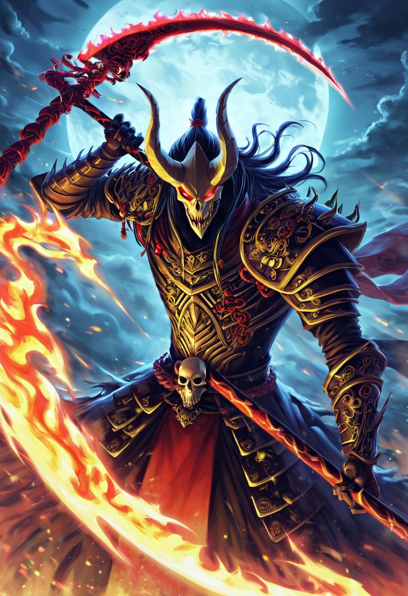 A dark overlord wearing intricate black armor, with glowing orange runes and sharp, menacing features. He holds a large, glowing scythe adorned with a skull. The scene is set in a fiery, chaotic environment, with flames and smoke surrounding a traditional Chinese pagoda in the background. The atmosphere is eerie and ominous, with a detailed, high-quality fantasy art style. The dark lord's eyes glow with a sinister light, and his armor has an otherworldly, demonic design, emphasizing his power and malevolence.