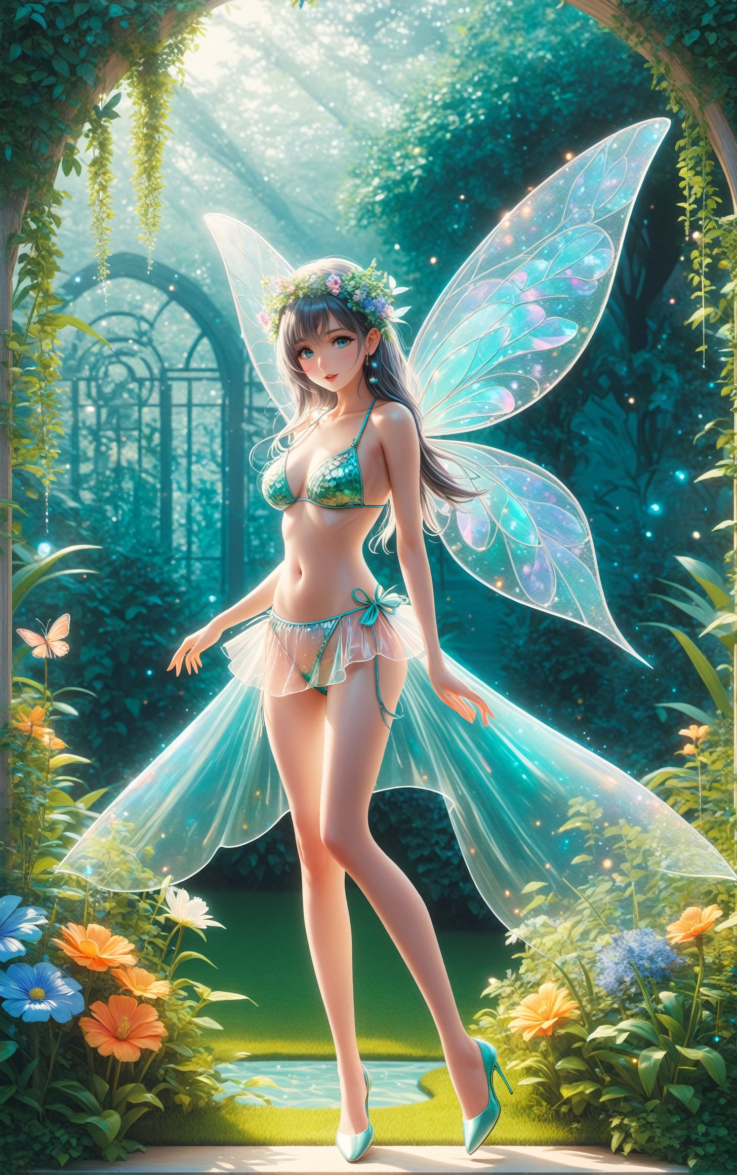 (masterpiece,best quality,ultra_detailed,highres,absurdres:1.4),a sexy girl in transparent PVC bikini, dinamic pose, in a beautiful garden, solo,transparent color vinyl clothing,analogfilm,
,Fairy