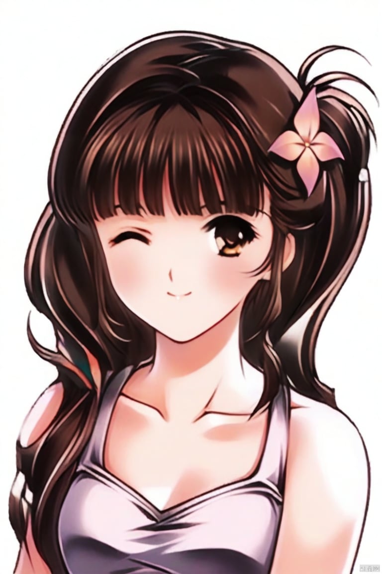 Uka,1girl,solo,long hair,looking at viewer,smile,bangs,simple background,brown hair,hair ornament,white background,bare shoulders,twintails,brown eyes,closed mouth,collarbone,flower,one eye closed,hair flower,portrait

;\)

Wink

retro art style, 90s style, g020, g006
﻿