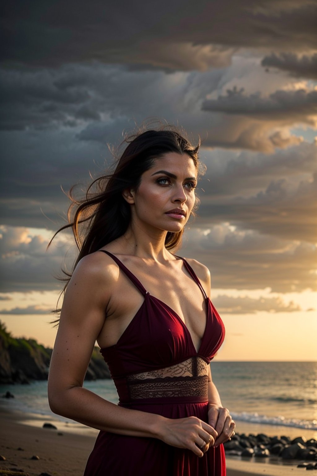 Portrait shot of a beautiful woman, depth of field, looking at the camera, strappy dress, beautifully done hair, masterpiece, uhd, best quality, shot with nikon 70 mm lens, wedding photography, realism, diffused lighting, (masterpiece:1.2), (muted colors:0.7), (uhd:1.3), (insane quality:1.4), (flawless composition:1.5), (hdr:1.3) , ((outdoors,  on a secluded beach)) , professional photography, ,slwrsut