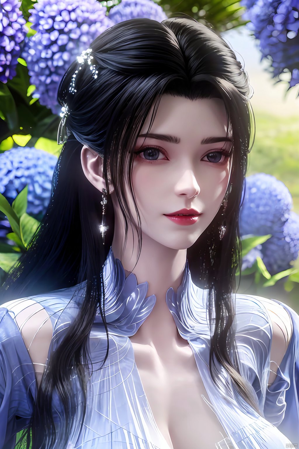  best quality,masterpiece,Xlimuwan,1girl,solo,very long hair,looking at viewer,jewelry,closed mouth,purple eyes,upper body,purple hair,earrings,blurry,blurry background,sunlight,red lips,(big breasts:1.2),X-Yunxiao,X-Hydrangea,