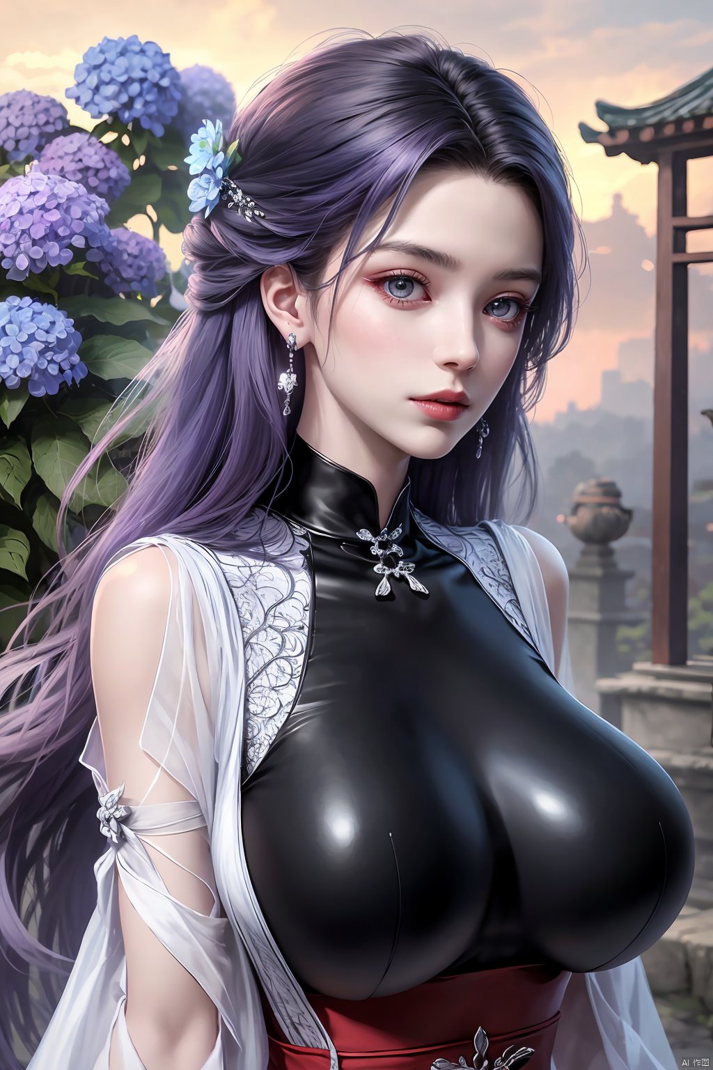  best quality,masterpiece,Xlimuwan,1girl,solo,long hair,looking at viewer,jewelry,closed mouth,purple eyes,upper body,purple hair,earrings,blurry,blurry background,sunlight,red lips,(big breasts:1.39),X-Yunxiao,X-Hydrangea, traditional chinese ink painting,ll-hd,