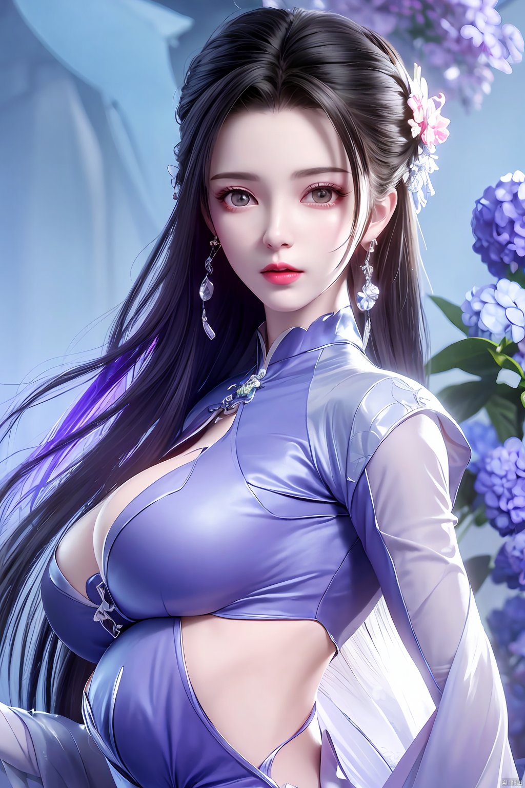  best quality,masterpiece,Xlimuwan,1girl,solo,very long hair,looking at viewer,jewelry,closed mouth,purple eyes,upper body,purple hair,earrings,blurry,blurry background,sunlight,red lips,(big breasts:1.23),X-Yunxiao,X-Hydrangea, traditional chinese ink painting,ll-hd,