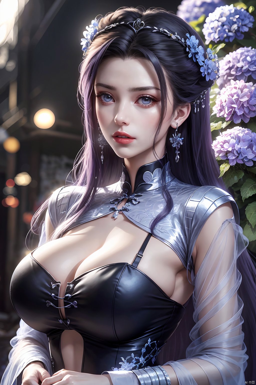  best quality,masterpiece,Xlimuwan,1girl,solo,long hair,looking at viewer,jewelry,closed mouth,purple eyes,upper body,purple hair,earrings,blurry,blurry background,sunlight,red lips,(big breasts:1.39),X-Yunxiao,X-Hydrangea, traditional chinese ink painting,ll-hd,