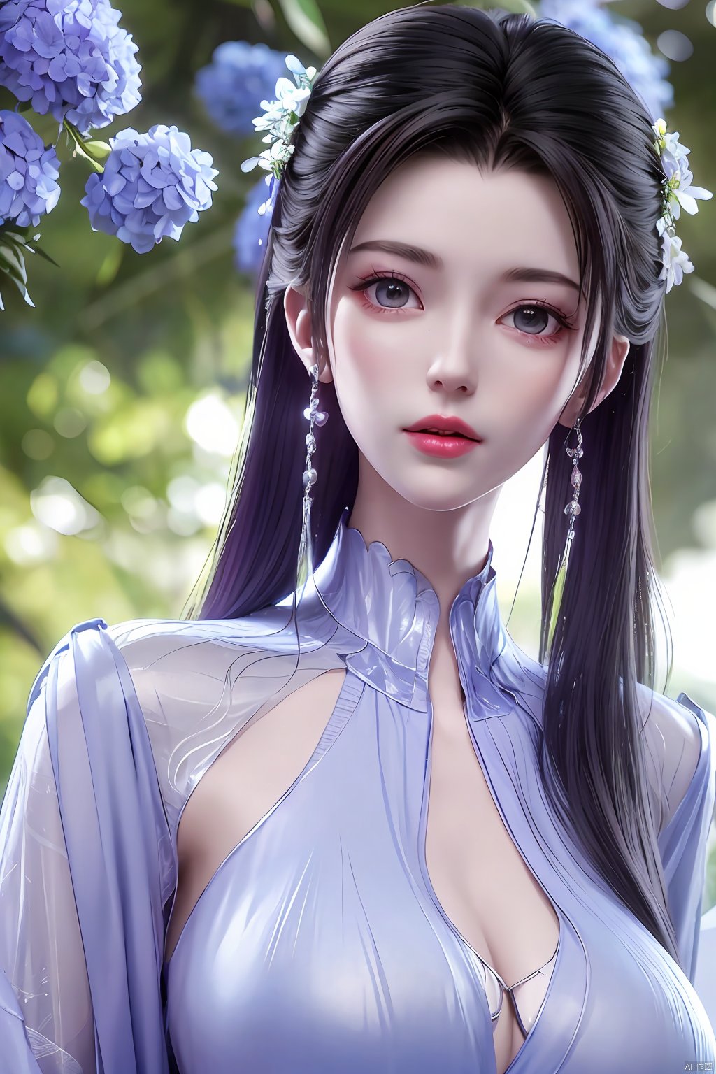  best quality,masterpiece,Xlimuwan,1girl,solo,very long hair,looking at viewer,jewelry,closed mouth,purple eyes,upper body,purple hair,earrings,blurry,blurry background,sunlight,red lips,(big breasts:1.23),X-Yunxiao,X-Hydrangea, traditional chinese ink painting,ll-hd,