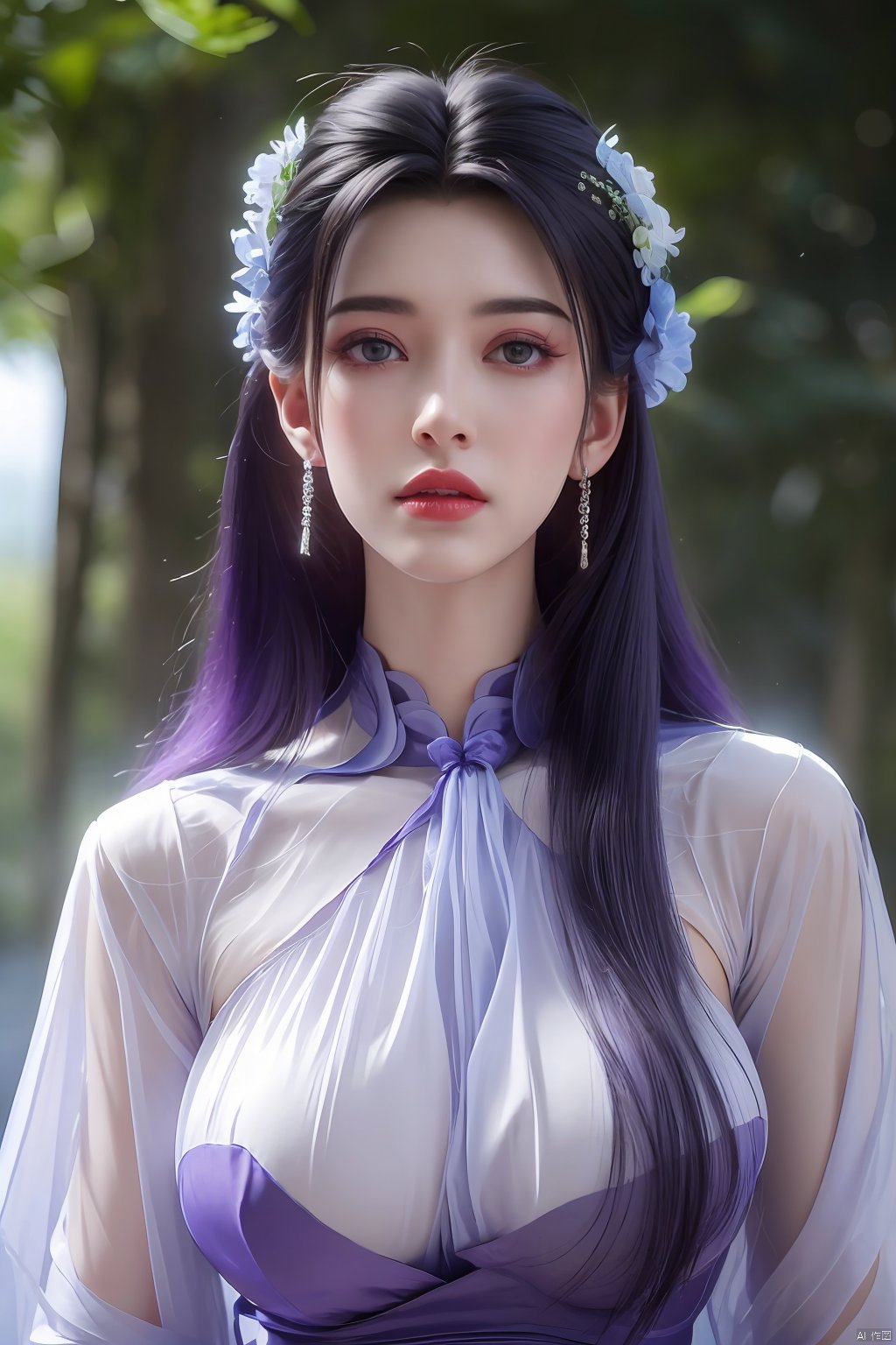  best quality,masterpiece,Xlimuwan,1girl,solo,long hair,looking at viewer,jewelry,closed mouth,purple eyes,upper body,purple hair,earrings,blurry,blurry background,sunlight,red lips,(big breasts:1.23),X-Yunxiao,X-Hydrangea, traditional chinese ink painting,ll-hd,