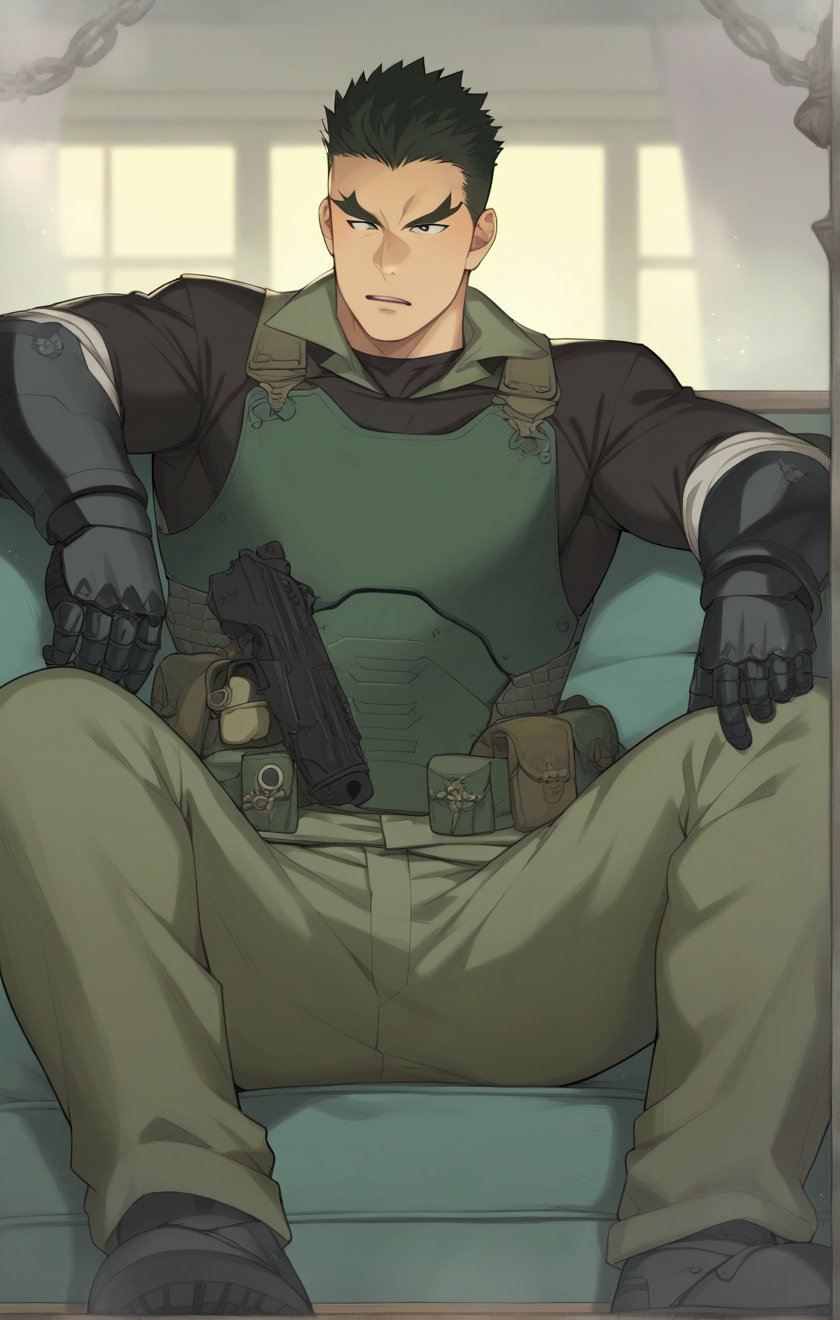 score_9, score_8_up, score_7_up, masterpiece, best quality, best aesthetic, 30 years old, solo, male focus, black hair, black eyes, full_body, sit on sofa, akatsukiiwao , green armor, short_hair, gun, thick eyebrows, black vest, black metal boots, metallic black gauntlets,