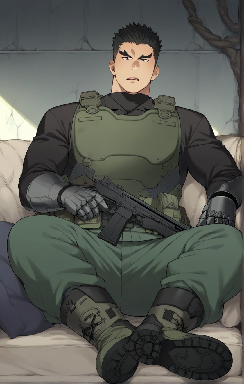 score_9, score_8_up, score_7_up, masterpiece, best quality, best aesthetic, 30 years old, solo, male focus, black hair, black eyes, full_body, sit on sofa, akatsukiiwao , green armor, short_hair, gun, thick eyebrows, black vest, black metal boots, metallic black gauntlets,