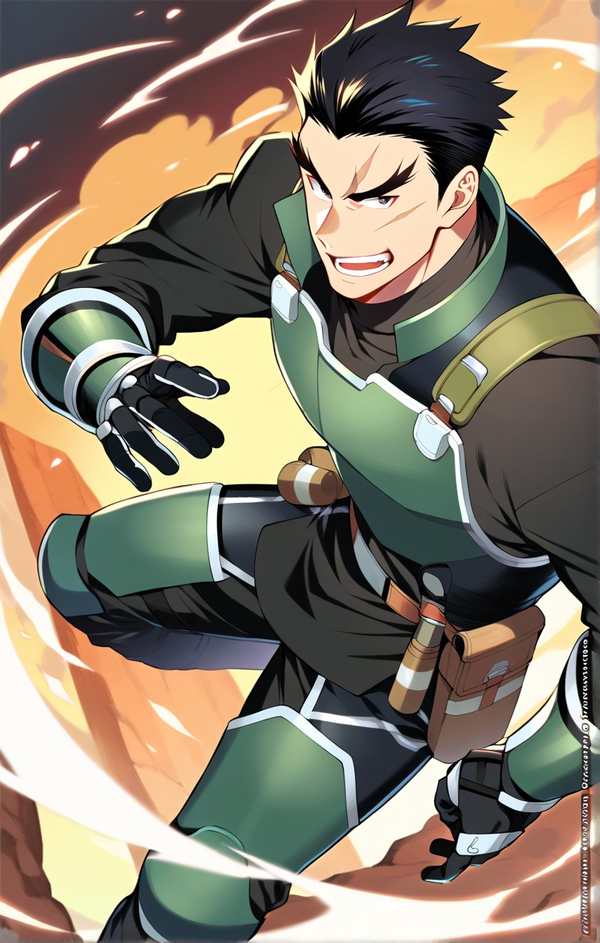 score_9, score_8_up, score_7_up, masterpiece, best quality, best aesthetic, 30 years old, solo, male focus, black hair, black eyes, full_body, akatsukiiwao , green armor, short_hair, thick eyebrows, black vest, metallic black boots, metallic black gauntlets, scar on face