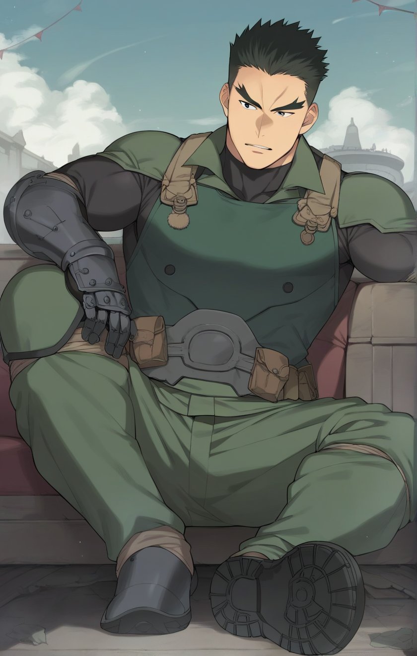 score_9, score_8_up, score_7_up, masterpiece, best quality, best aesthetic, 30 years old, solo, male focus, black hair, black eyes, full_body, sit on sofa, akatsukiiwao , green armor, short_hair, thick eyebrows, black vest, black metal boots, metallic black gauntlets,