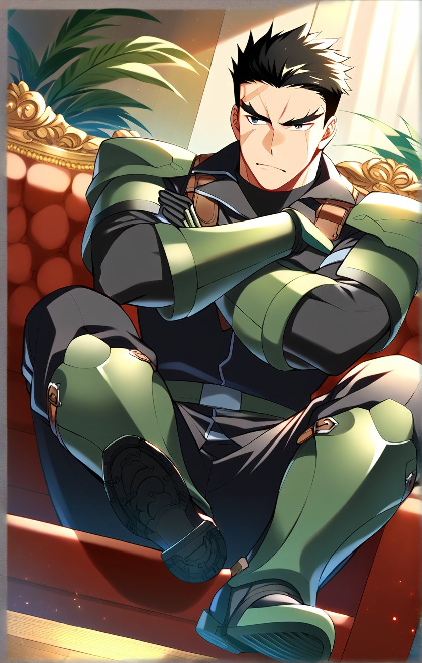 score_9, score_8_up, score_7_up, masterpiece, best quality, best aesthetic, 30 years old, solo, male focus, black hair, black eyes, full_body, sit on sofa, akatsukiiwao , green armor, short_hair, thick eyebrows, black vest, metallic black boots, metallic black gauntlets, crossed arms, scar on face