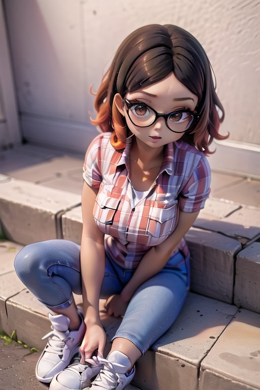 masterpiece, 1girl, dark skin, golden brown eyes, wavy hair, brown hair with orange tips, short shoulder-length hair, Above her right eye she has a mole.

black glasses, white orange and purple checkered short-sleeved shirt, jeans and white sneakers with black details.