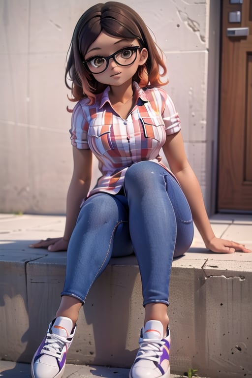 masterpiece, 1girl, dark skin, golden brown eyes, wavy hair, brown hair with orange tips, short shoulder-length hair, Above her right eye she has a mole.

black glasses, white orange and purple checkered short-sleeved shirt, jeans and white sneakers with black details.