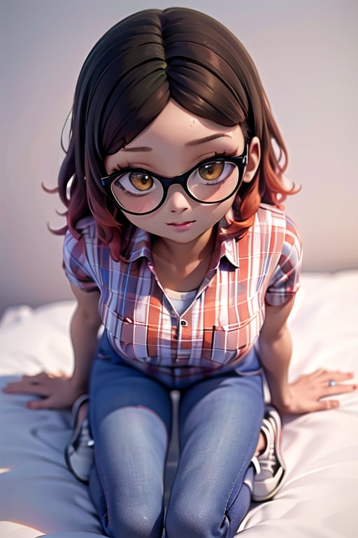 masterpiece, 1girl, dark skin, golden brown eyes, wavy hair, brown hair with orange tips, short shoulder-length hair, Above her right eye she has a mole.

black glasses, white orange and purple checkered short-sleeved shirt, jeans and white sneakers with black details.