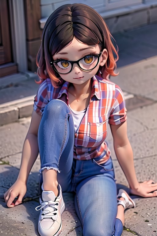 masterpiece, 1girl, dark skin, golden brown eyes, wavy hair, brown hair with orange tips, short shoulder-length hair, Above her right eye she has a mole.

black glasses, white orange and purple checkered short-sleeved shirt, jeans and white sneakers with black details.