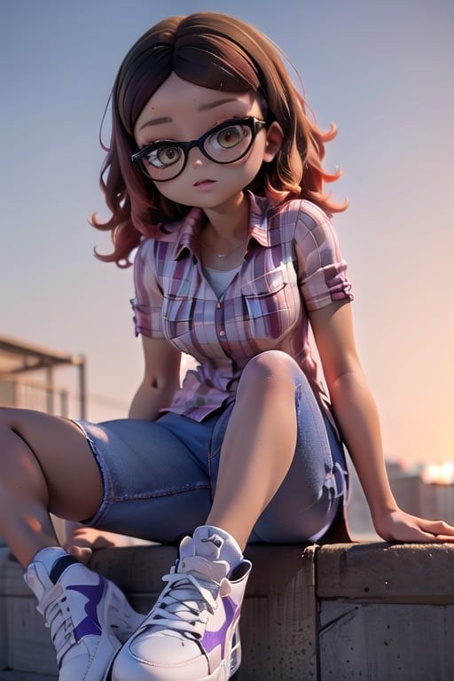 masterpiece, 1girl, dark skin, golden brown eyes, wavy hair, brown hair with orange tips, short shoulder-length hair, Above her right eye she has a mole.

black glasses, white orange and purple checkered short-sleeved shirt, jeans and white sneakers with black details.