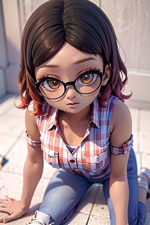 masterpiece, 1girl, dark skin, golden brown eyes, wavy hair, brown hair with orange tips, short shoulder-length hair, Above her right eye she has a mole.

black glasses, white orange and purple checkered short-sleeved shirt, jeans and white sneakers with black details.