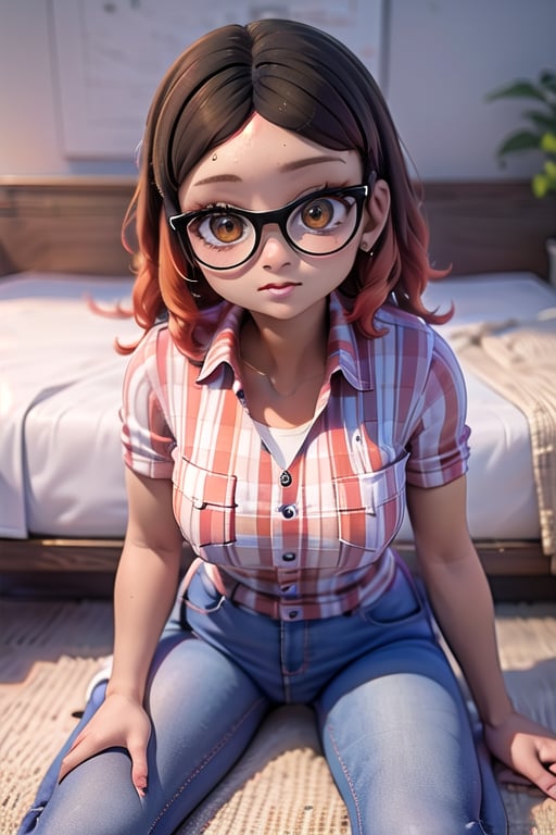 masterpiece, 1girl, dark skin, golden brown eyes, wavy hair, brown hair with orange tips, short shoulder-length hair, Above her right eye she has a mole.

black glasses, white orange and purple checkered short-sleeved shirt, jeans and white sneakers with black details.