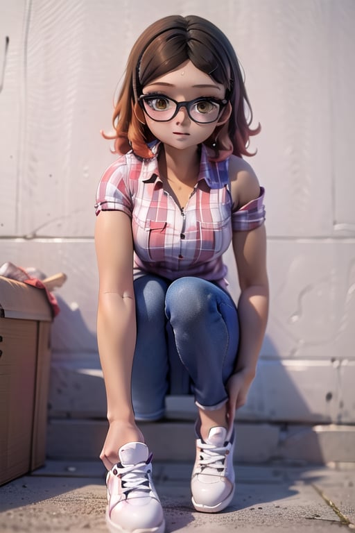 masterpiece, 1girl, dark skin, golden brown eyes, wavy hair, brown hair with orange tips, short shoulder-length hair, Above her right eye she has a mole.

black glasses, white orange and purple checkered short-sleeved shirt, jeans and white sneakers with black details.