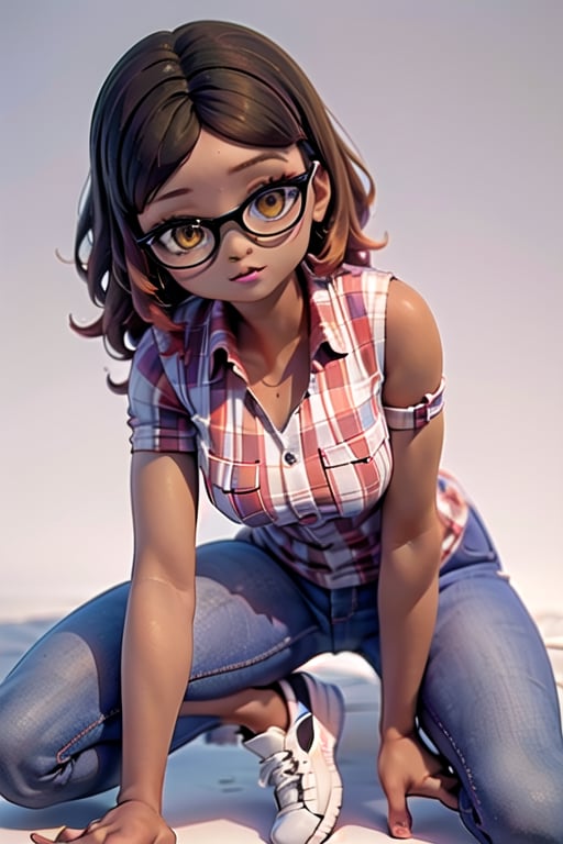 masterpiece, 1girl, dark skin, golden brown eyes, wavy hair, brown hair with orange tips, short shoulder-length hair, Above her right eye she has a mole.

black glasses, white orange and purple checkered short-sleeved shirt, jeans and white sneakers with black details.