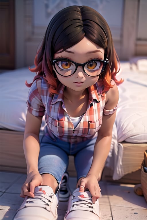 masterpiece, 1girl, dark skin, golden brown eyes, wavy hair, brown hair with orange tips, short shoulder-length hair, Above her right eye she has a mole.

black glasses, white orange and purple checkered short-sleeved shirt, jeans and white sneakers with black details.