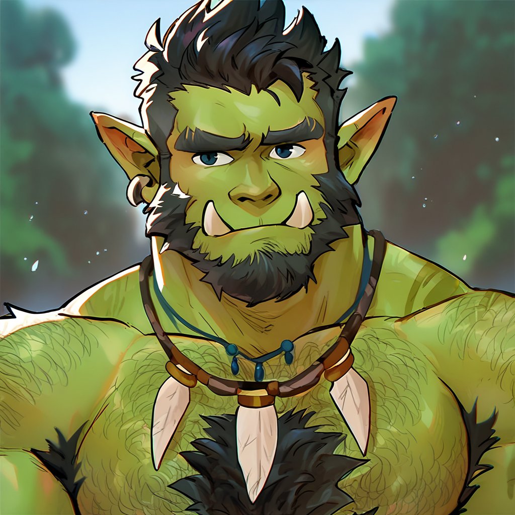 overcyan, 1boy, bara, beard, black hair, chest tuft, colored skin, earrings, extra tusks, facial hair, full beard, green skin, head tilt, jewelry, large pectorals, male focus, mature male, monster boy, muscular, muscular male, necklace, orc, outdoors, pectorals, pointy ears, short hair, solo, thick beard, thick chest hair, tooth necklace, tribal, tsurime, tusks, score_9, score_8_up, score_7_up, score_6_up, score_5_up, score_4_up