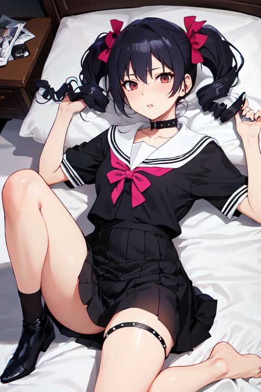 score_9, score_8_up, score_7_up, masterpiece, source_anime,1girl, a full body gothic little girl dressed black white and pink, smug smile, fuku school uniform, laying in a bed, spikey pigtails, choker, fishnet, black hair, dog collar, drill hair, blushed face, tongue out, ,kaikoi style kaikoi style,