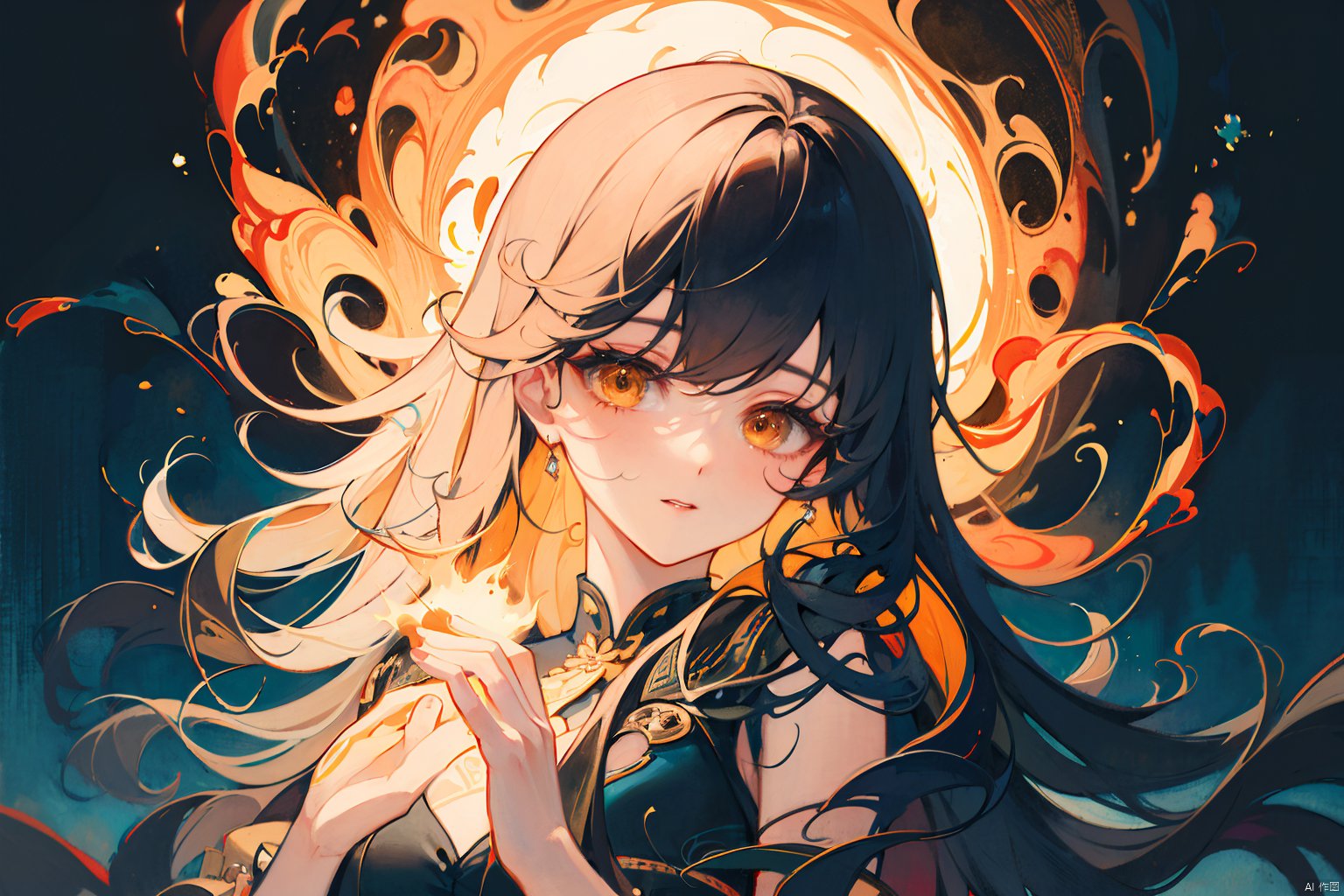 Fantasy Chinese style illustration,  A female figure,  with her hair cleverly blending with the elements of fire and water...