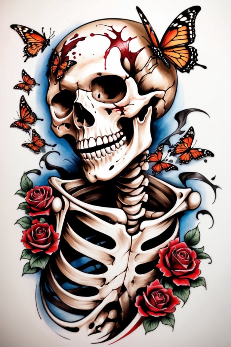 A skeleton was bleeding, holding a sickle, and butterflies were flying, draktattoo, white background, tattoo
