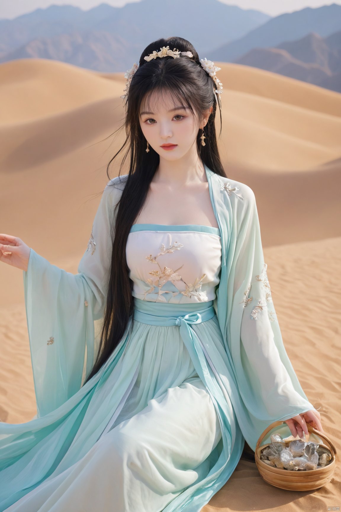 Surrealist beauty photo, hanfu,Xtianxiwei,(big_breasts:1.29), Yunxiao_Fairy,1girl,moyou, Yunxiao_xianzi, desert_sky, song_hanfu