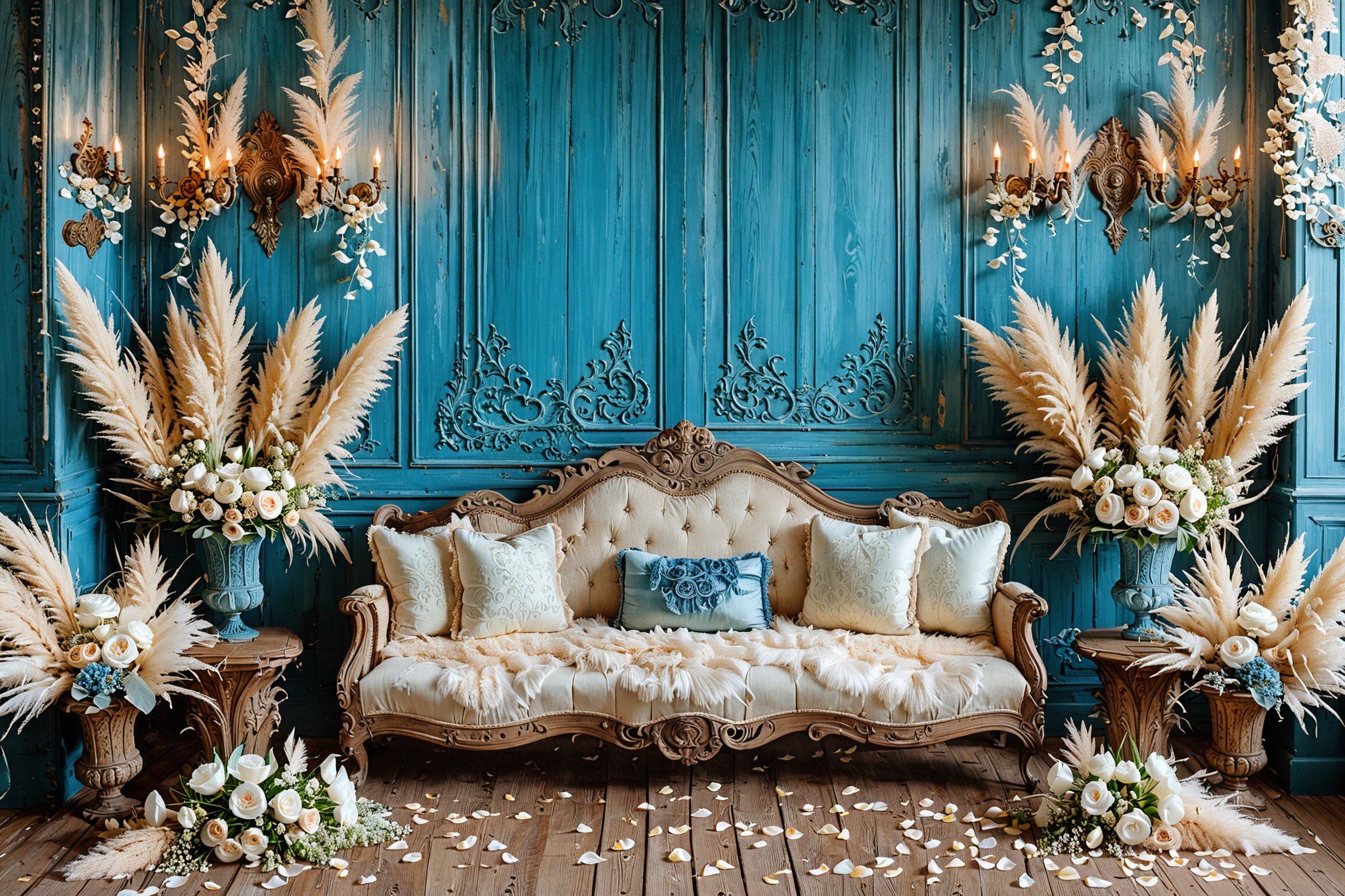 A vintage-styled room with a blue wooden wall adorned with ornate wall sconces. A floral arrangement hangs from the ceiling, and tall pampas grass stands majestically on either side of the room. In the center, there's a plush, antique-looking sofa with white and beige cushions. Scattered around the sofa are white rose petals on the wooden floor, and a few candles provide a soft glow. The overall ambiance is romantic and serene.