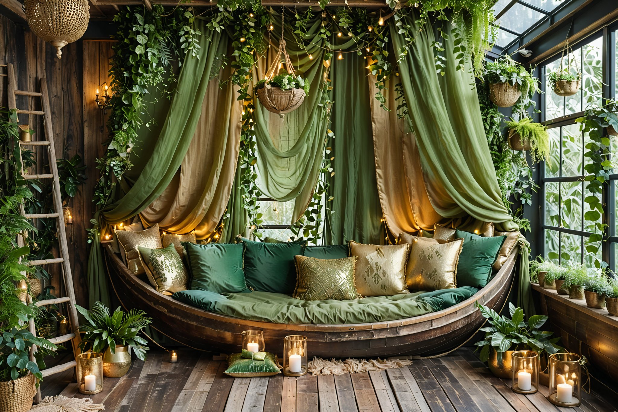 A cozy, indoor setting with a large, boat-shaped structure made of wood, adorned with various cushions and pillows in shades of green and gold. Above the boat, a draped green curtain provides a sense of enclosure. The room is further embellished with hanging plants, candles, and a ladder. The floor is wooden, and there are additional plants and decorative items scattered around, creating a serene and nature-inspired ambiance.