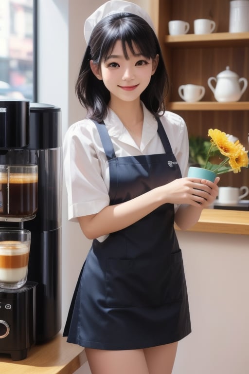 smiling a Japanese girl in a café waitress outfit holding freshy flowers and small bag in colorful coffee shop :1.3)( The café environment interior design, coffee machine , Cup of coffee, shelf, coffee shop:1.2). looking to shop window waiting friend (realistic:1.2), (best quality:1.3), photo-realistic, highly detailed, high resolution RAW photo, film grain, coffeeyadream,sntm,slingshot,fashion,SEXY