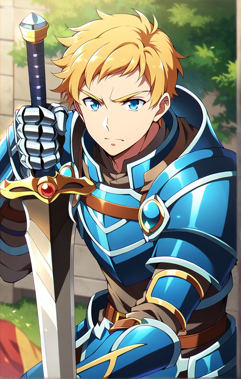 score_9, score_8_up, score_7_up, masterpiece, best quality, best aesthetic, 1boy, solo, solo focus, climb, armor, blonde hair, blue ayes, short-hair, sword, gauntlets, 