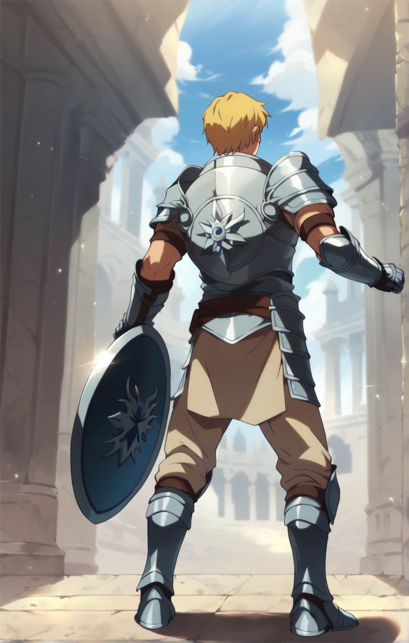 score_9, score_8_up, score_7_up, masterpiece, best quality, best aesthetic, 1boy, solo, solo focus, climb, armor, blonde hair, blue ayes, short-hair, sword, gauntlets, shield