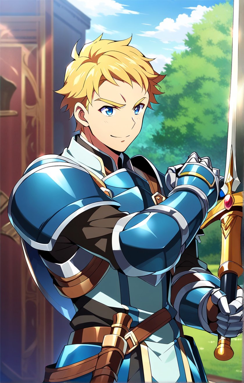 score_9, score_8_up, score_7_up, masterpiece, best quality, best aesthetic, 1boy, solo, solo focus, climb, armor, blonde hair, blue ayes, short-hair, sword, gauntlets, 