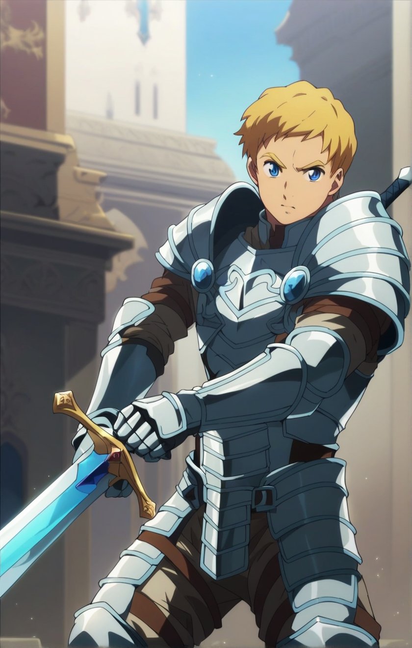 score_9, score_8_up, score_7_up, masterpiece, best quality, best aesthetic, 1boy, solo, solo focus, climb, armor, blonde hair, blue ayes, short-hair, sword, gauntlets, 