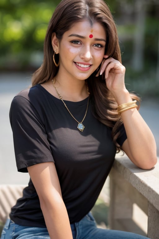 1girl, solo, long hair, looking at viewer, smile, brown hair, shirt, black hair, brown eyes, jewelry, sitting, upper body, short sleeves, necklace, blurry, lips, black shirt, blurry background, facial mark, realistic,Indian 