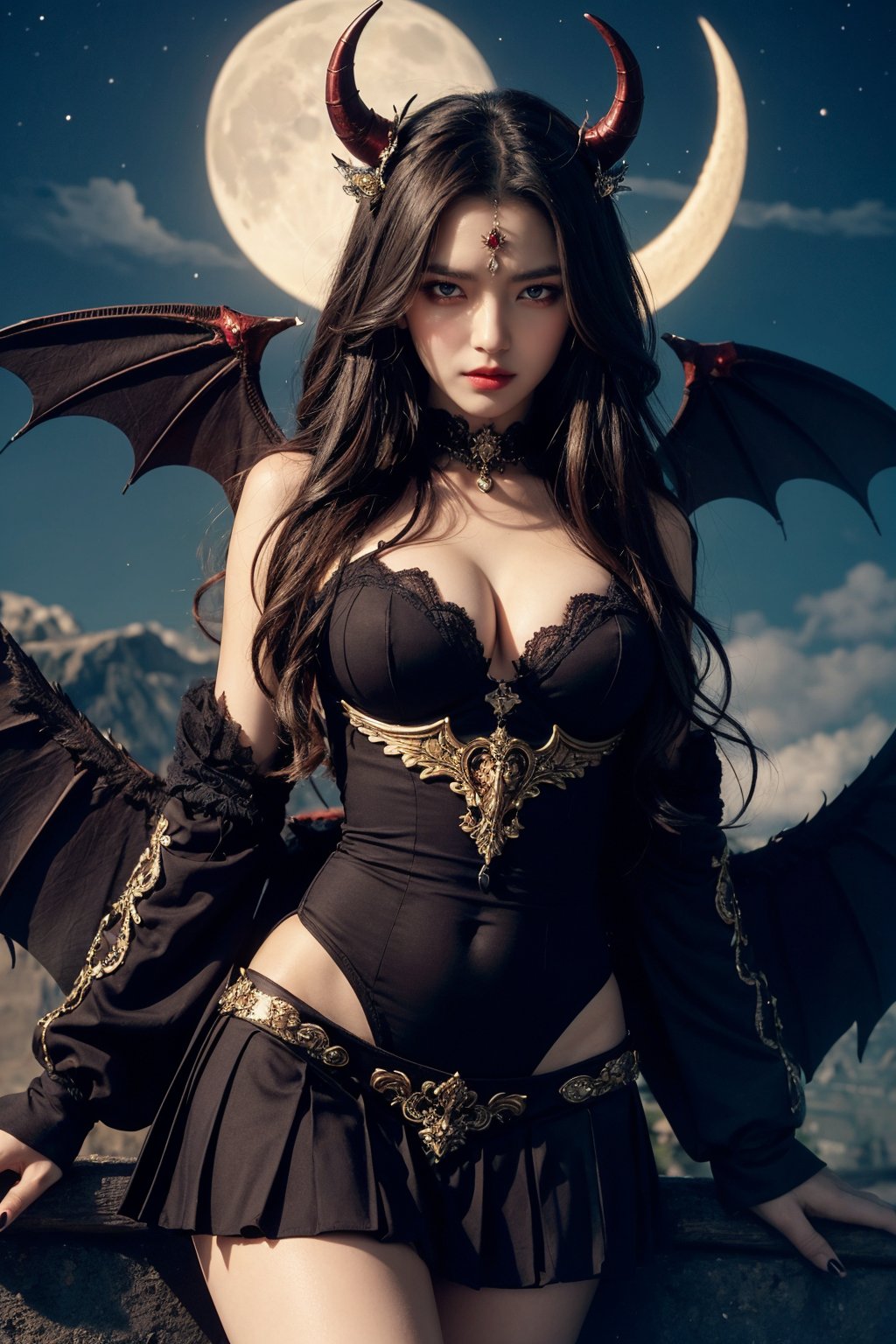 masterpiece, (best quality:1.2), [:intricate details:0.2], demon girl, skirt, (red eyes:1.3), demon horns, demon wings, demon tail, enchanting gaze, captivating pose, otherworldly charm, mystical sky, moonlit night, cloud,