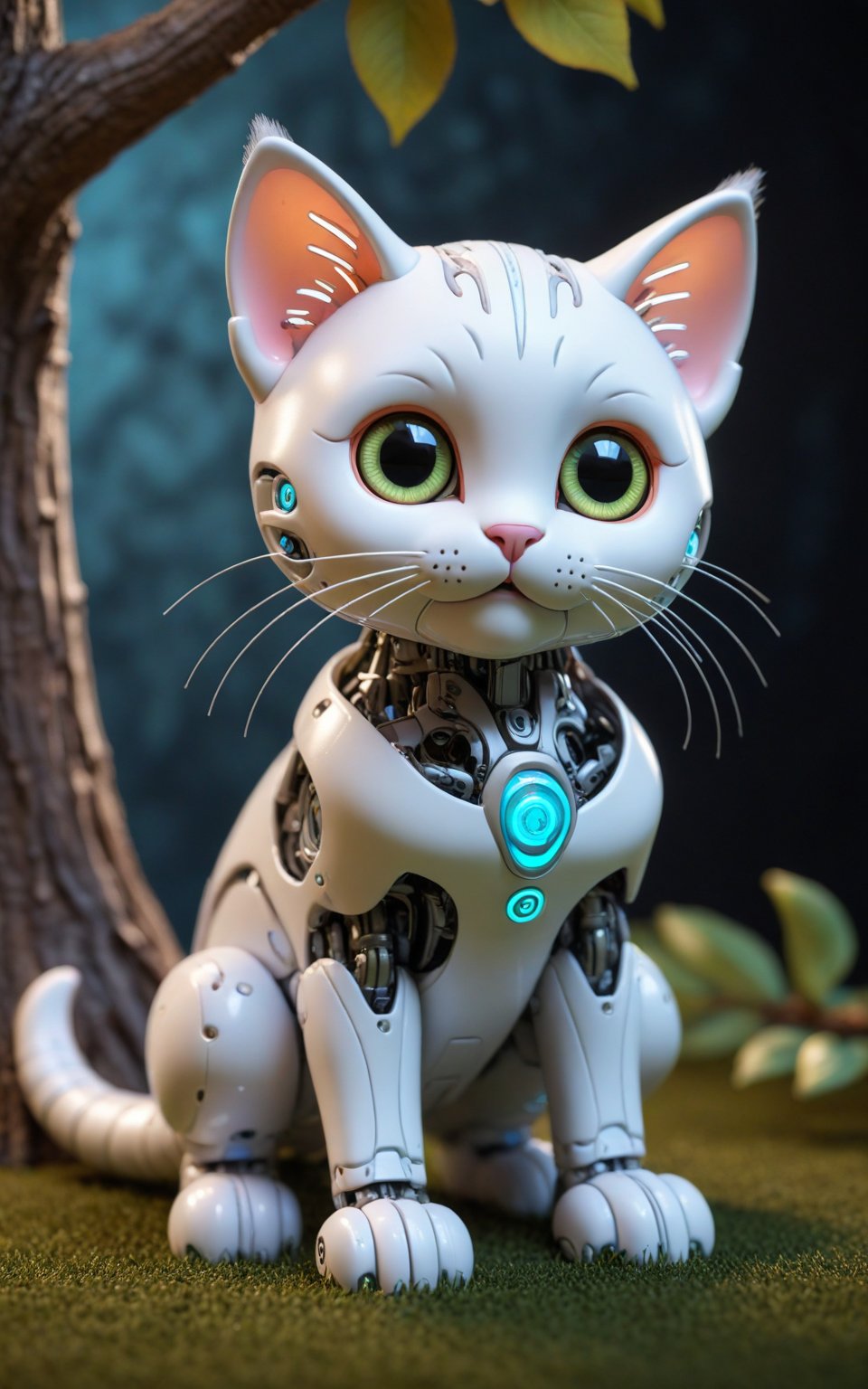 (best quality,8K,highres,masterpiece), ultra-detailed, (tiny robot kitten with oversized glowing eyes), a adorable tiny robot kitten with sleek metallic fur and oversized glowing eyes that radiate with vibrant light. Its body is adorned with soft, vibrant pastel colors, adding to its whimsical charm. The kitten is curled up in a playful pose, exuding a sense of innocence and curiosity. In the background, a minimalist circuit-board tree stands tall, with illuminated branches and leaves casting a soft glow. The juxtaposition of the robotic kitten against the organic elements of the tree creates a whimsical and playful atmosphere. Every detail of the scene is meticulously rendered, capturing the intricate beauty of the robotic kitten and the fantastical nature of its surroundings. Feel free to add your own creative touches to enhance the whimsy and detail of this captivating artwork.