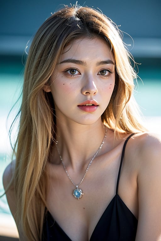 Close-up shot of a single girl gazing directly at the viewer with an intense, piercing gaze. Her blonde hair cascades down her back in soft waves, framing her heart-shaped face. A delicate necklace and a bold ring adorn her neck, drawing attention to her striking features. Against a deep blue background, her black eyes and lips stand out like dark jewels, exuding confidence and sophistication.