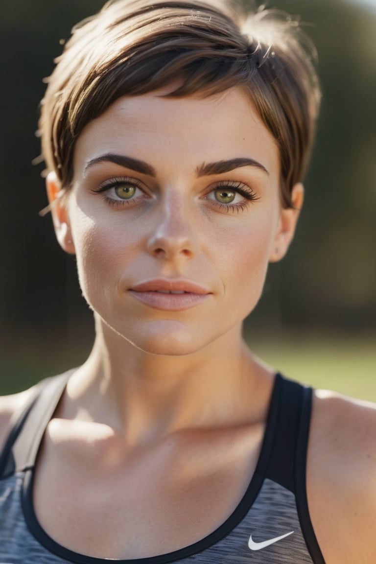 A girl, realistic photograph of a beautiful woman,short hair,25 years old,  brown eyes,  very long eyelashes, sensual lips, medium breasts,, wearing sports dress and running 