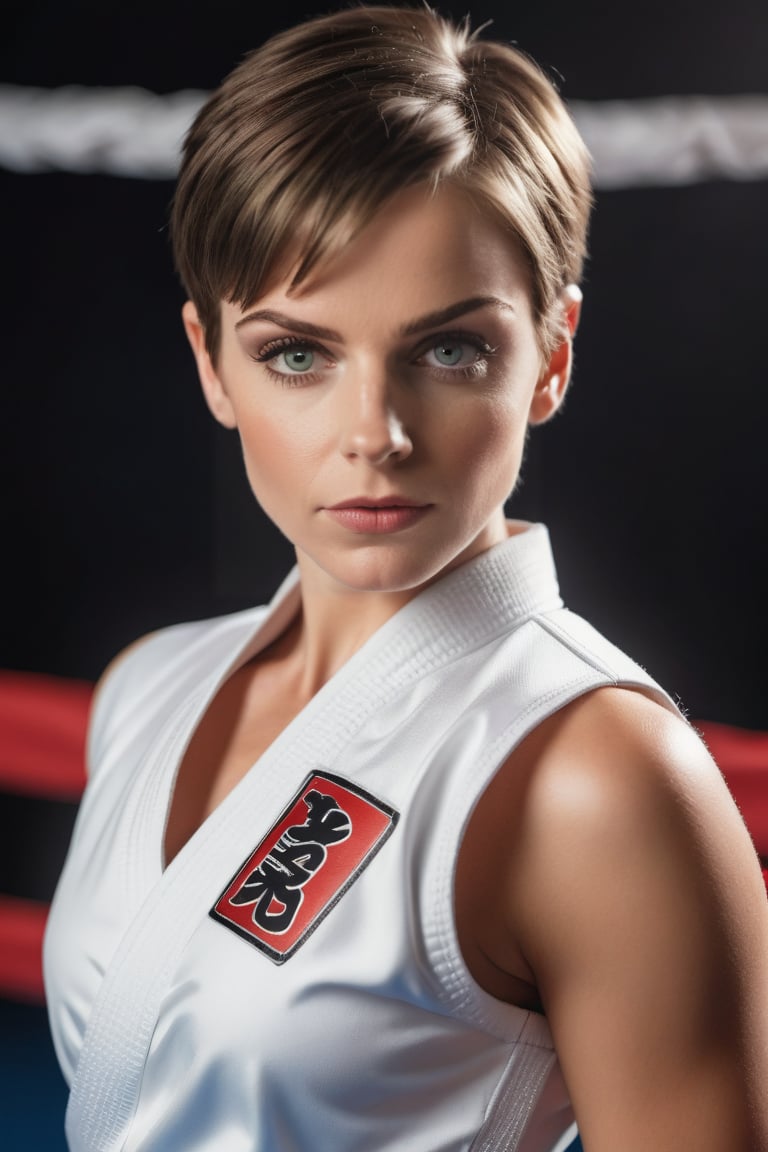 A girl, realistic photograph of a beautiful woman,short hair,25 years old,  brown eyes,  very long eyelashes, sensual lips, medium breasts,, wearing Karate dress at ring