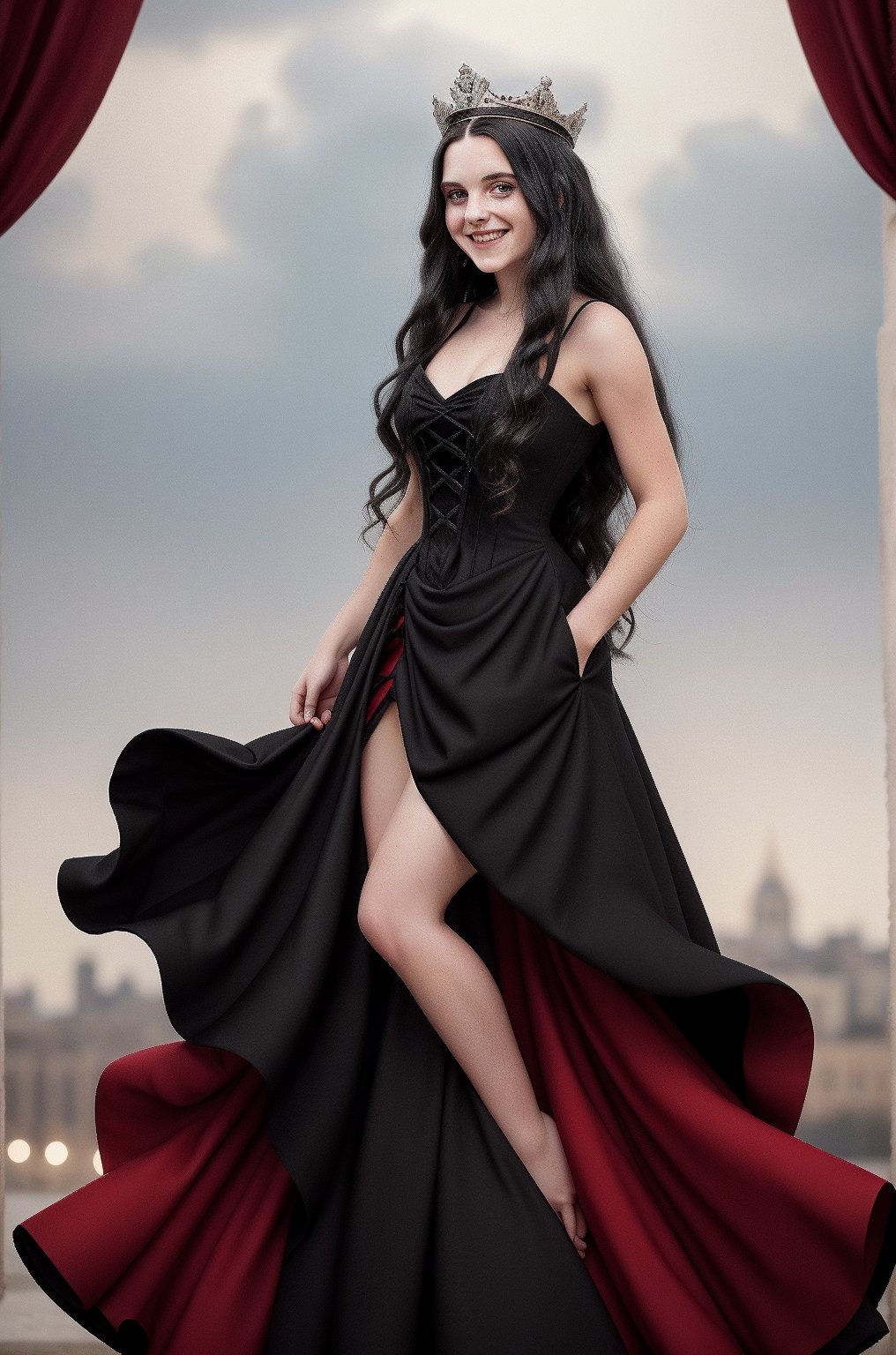 (masterpiece), 1girl, long hair,  black hair, (smile:0.5), dress, ,Girl ,Queen , crown
Red dress 