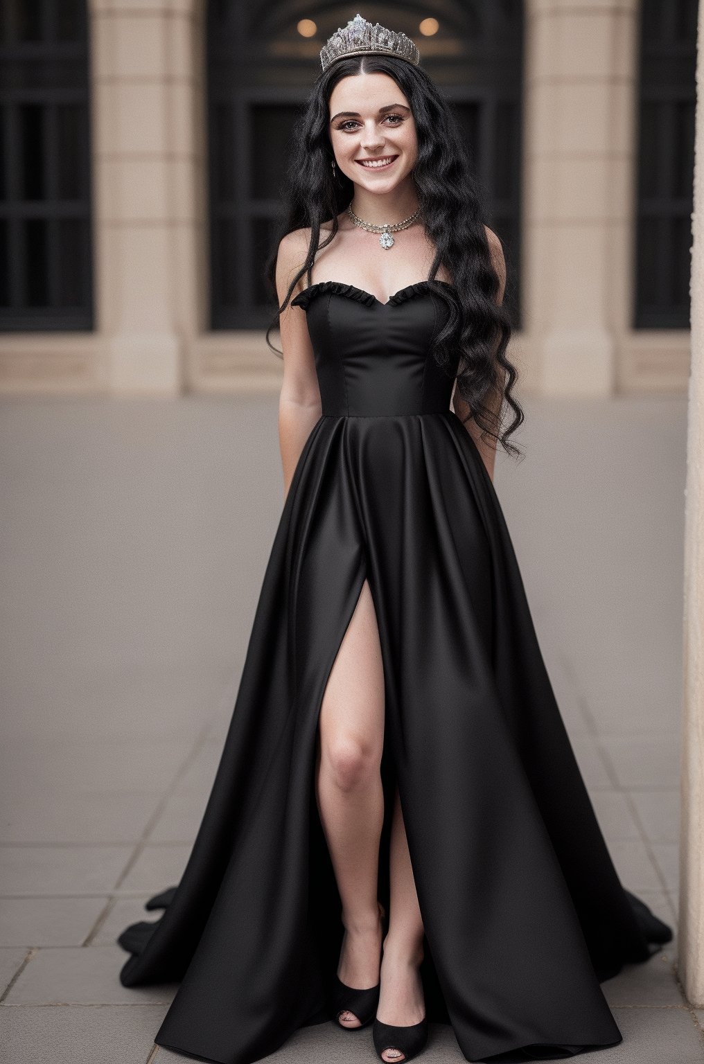 (masterpiece), 1girl, long hair,  black hair, (smile:0.5), dress, ,Girl ,Queen 