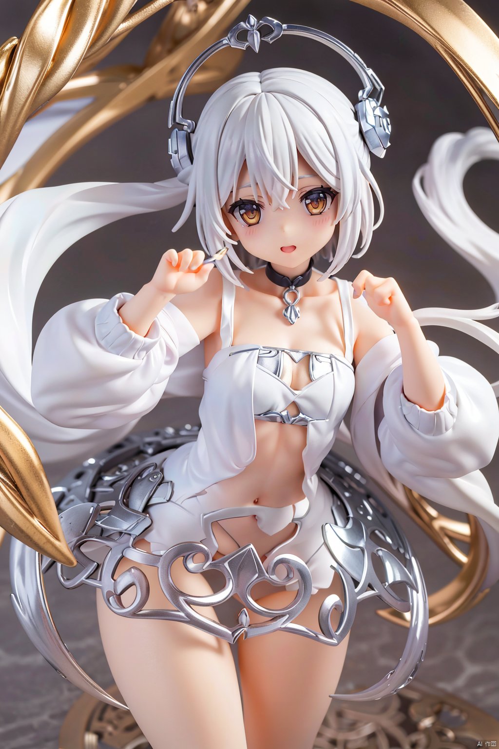 masterpiece,best quality,8K,HDR,RAW,1girl,((solo)),looking at viewer,gjbz, 3d stely,silver,white hair,short hair,hair ornament,dress,  ( figma:0.8)